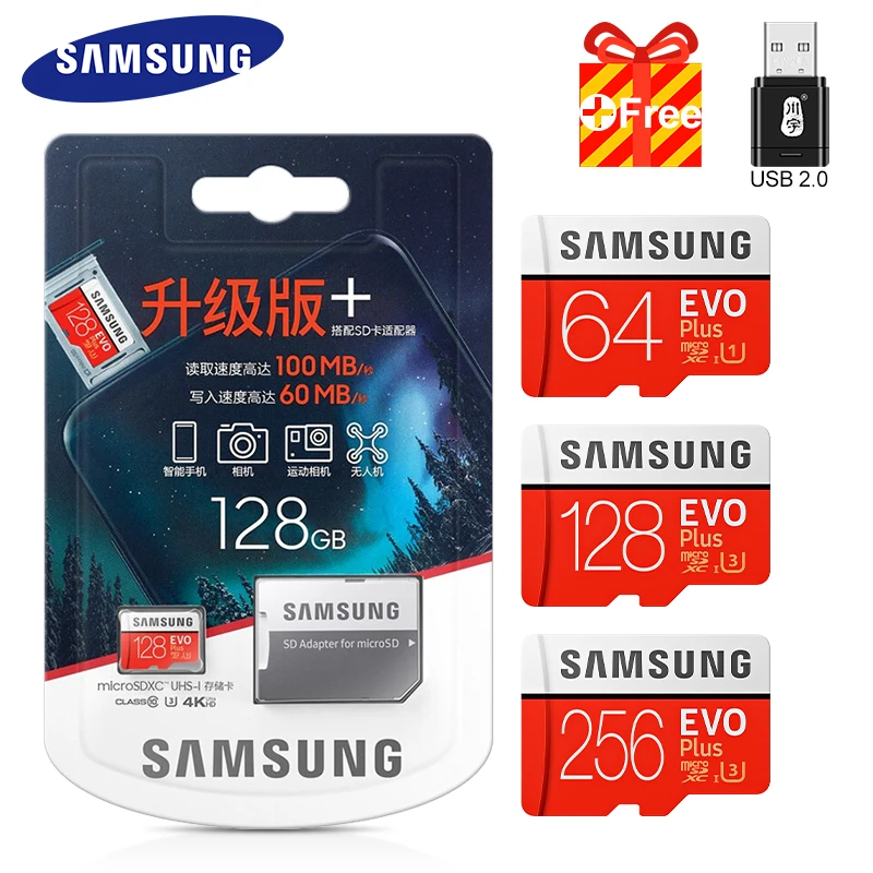 SAMSUNG карта памяти Micro SD карты 256 ГБ 32 64 Гб Microsd 128 SDHC/SDXC класса EVO + C10 UHS TF флеш