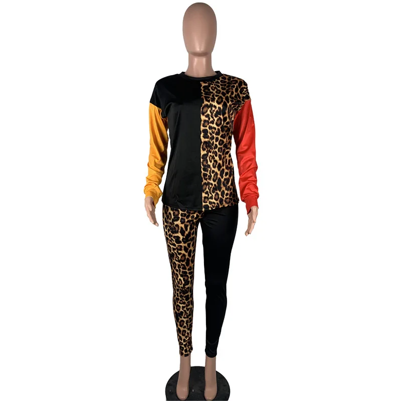 

Hot Selling Women Leopard Patchwork Tracksuits Outfits Autumn High Waist Skinny Pants O-neck Long Sleeve Pullover Two Piece Sets