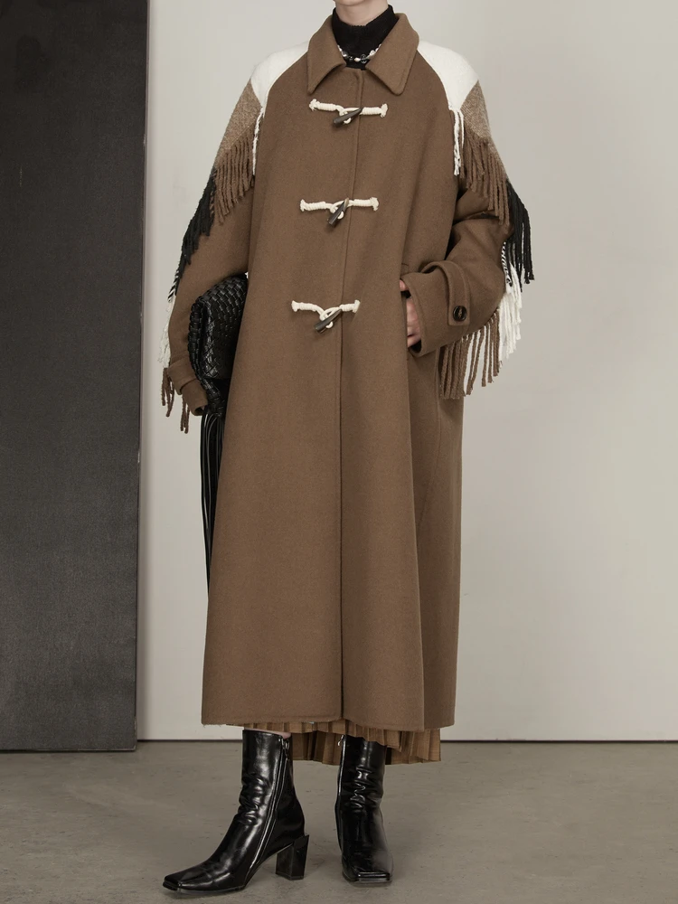 

IRINACH524 Fall Winter 2021 Collection Original Design Tassel Plaid Patchwork Long Handmade Double Faced Wool Coat Women