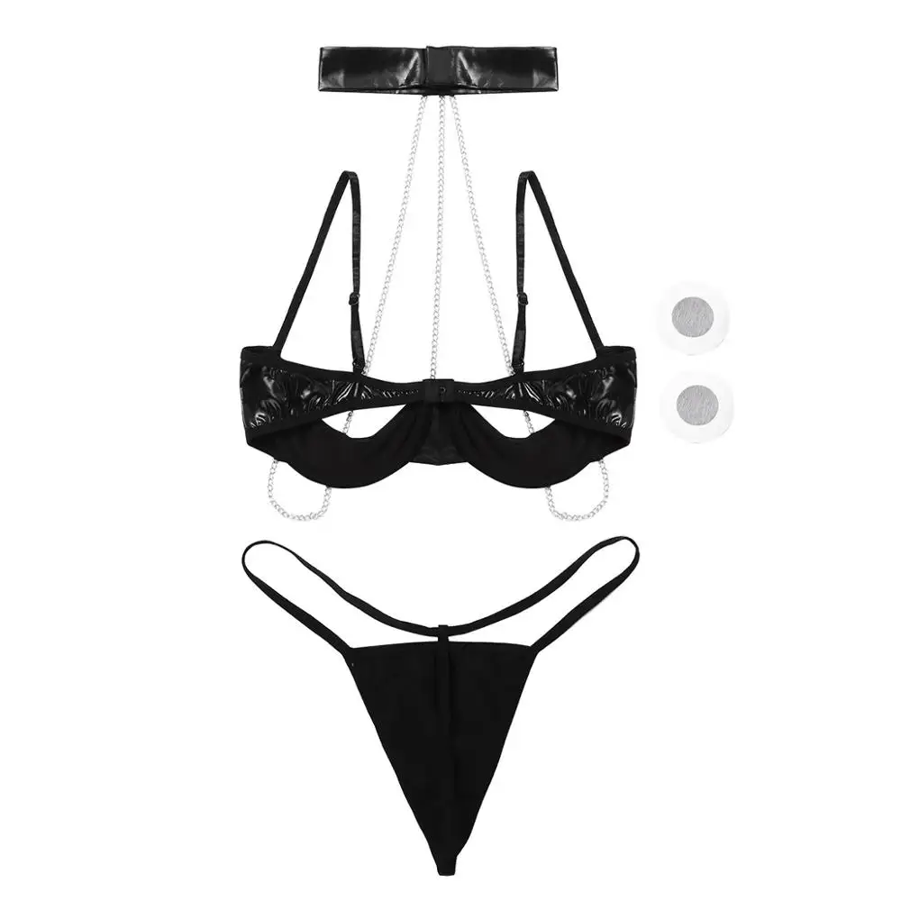 

Women Erotic Bikinis Wetlook Leather Stripper Lingerie Set Sexy Bare Nipple Open Cups Shelf Bra with G-string Thong Nipple Cover