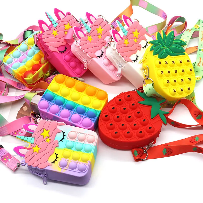 Wholesale 100pcs Unicorn Rainbow Simple Dimple Messenger Bag Fidget Toys Push Bubble Antistress Children Toy Wallet Mini Bag enlarge