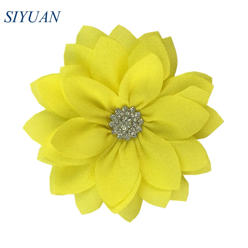 4-yellow 50pcs/lot 9cm Multy Layer Fabric Flower with Rhinestone Chic Lotus Flower Kids Lovely Headwear Accessories High Quality TH300 - Цвет: 4-yellow