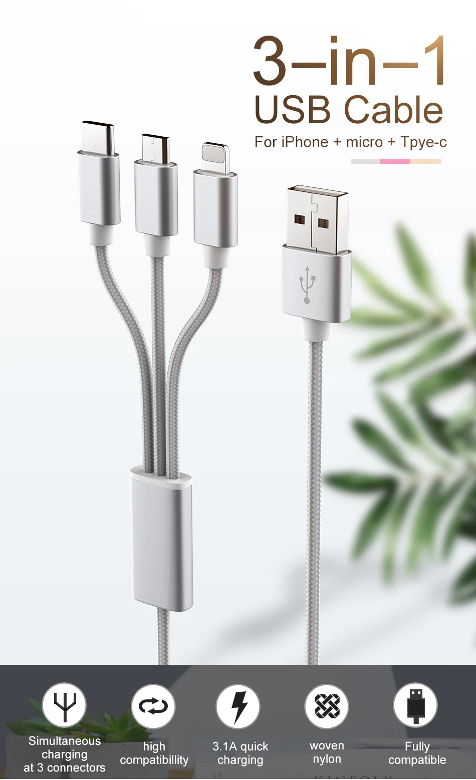 3 в 1 USB кабель для samsung Xiaomi кабель для быстрой зарядки для Android Micro usb type C type-c 3 в 1 Кабели для мобильных телефонов шнур для зарядки