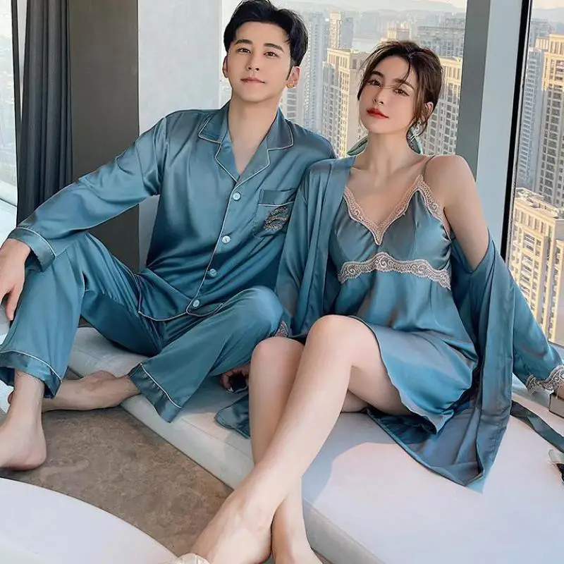

Men Pajamas Suit Satin Long Sleeve PJS Lovers' 2PCS Pyjamas Top&Pants Sets Women Lace Chemise Nightgown&Kimono Robe Gown