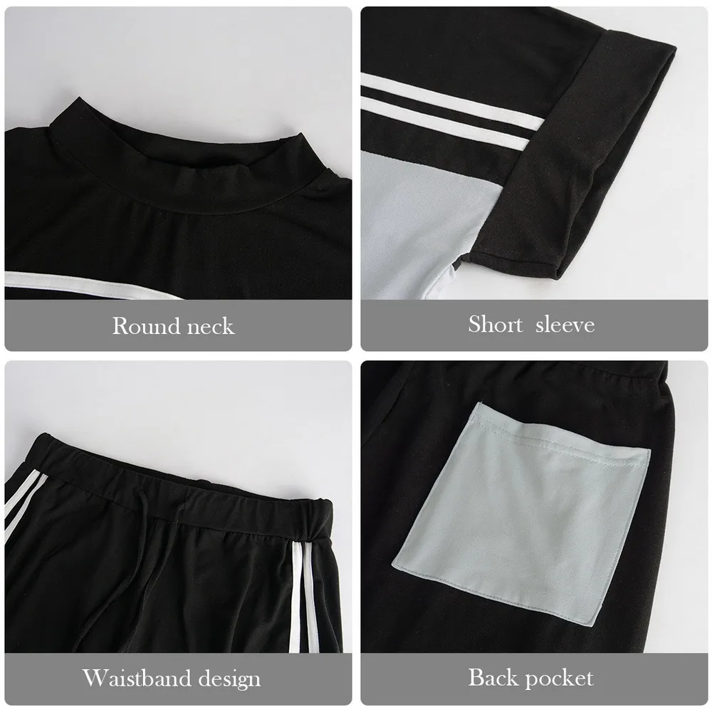 

Women Summer Casual Loose 2 Piece Set Side Stripes Drawstring Design Pockets Decor Mid Waist Long Pants+O-Neck Short Sleeve Top