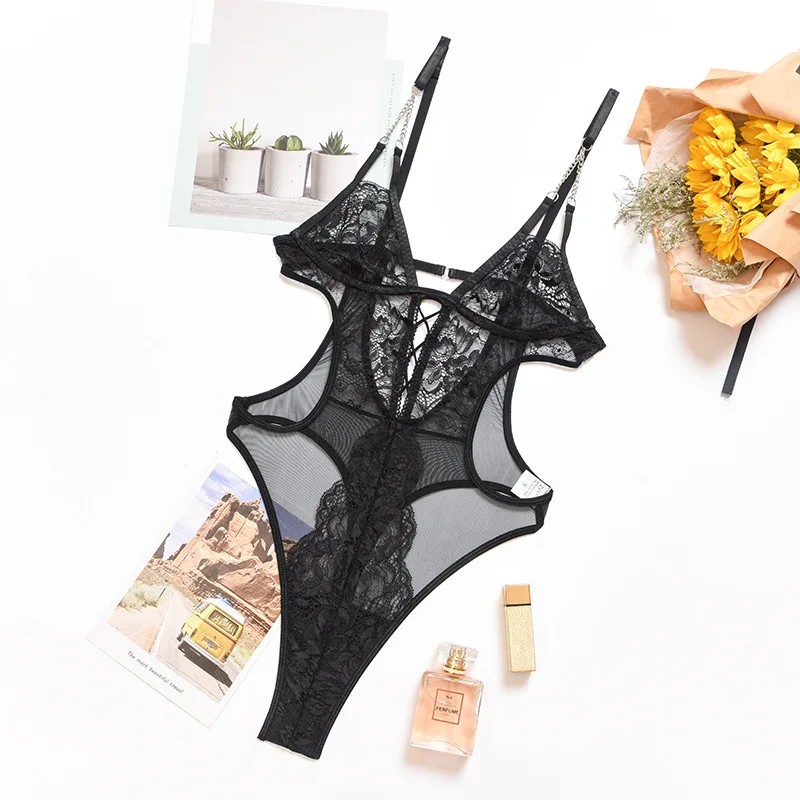 

2020 Sexy Wome's Bodysuits Metallic Chain Stylish Design Strap Top Semi-see-through Atrractive Hot Sheer V-neck Female Onesie