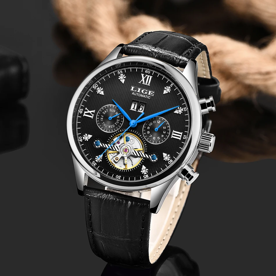LIGE Брендовые мужские часы автоматические механические часы Tourbillon спортивные часы кожаные повседневные деловые часы в ретро-стиле Relojes Hombre
