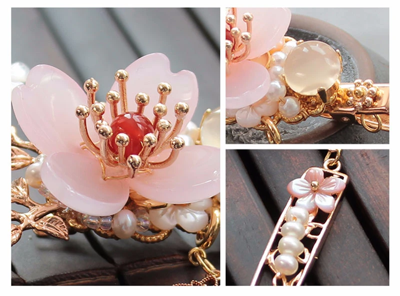 Китайский стиль розовый цветок шпилька кисточка Женские аксессуары для волос