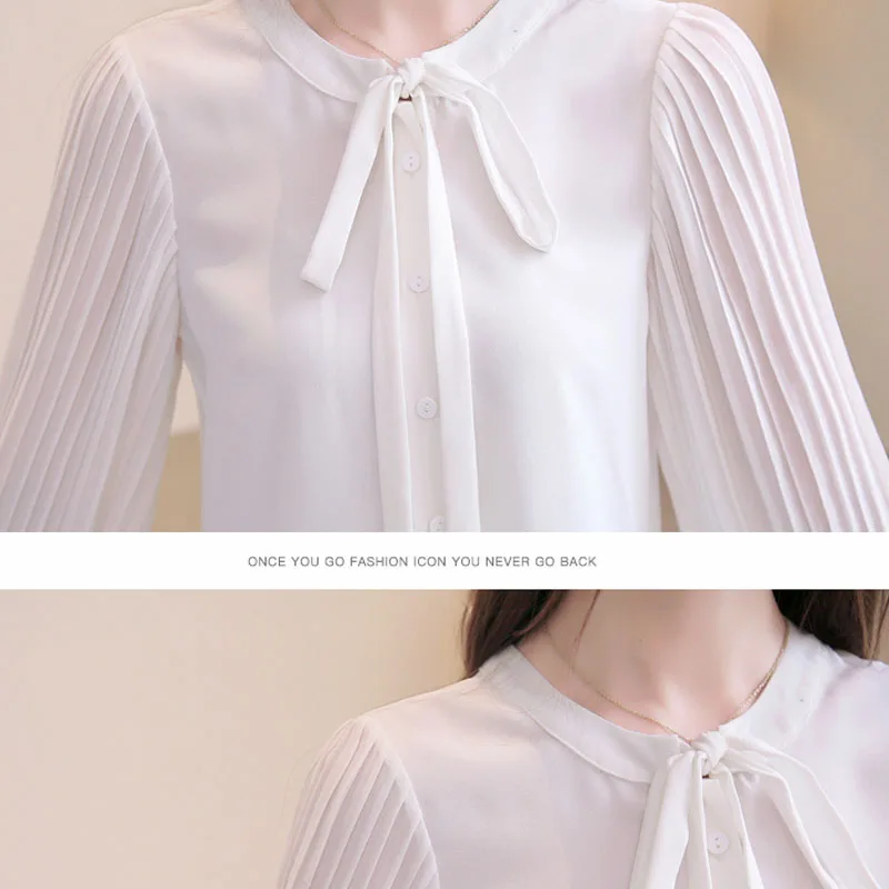 

19 Fashion New White Long Sleeve Chiffon Women's Blouse Fall Solid Bow Casual Women Clothing Cardigan Women Shirt 5420 50