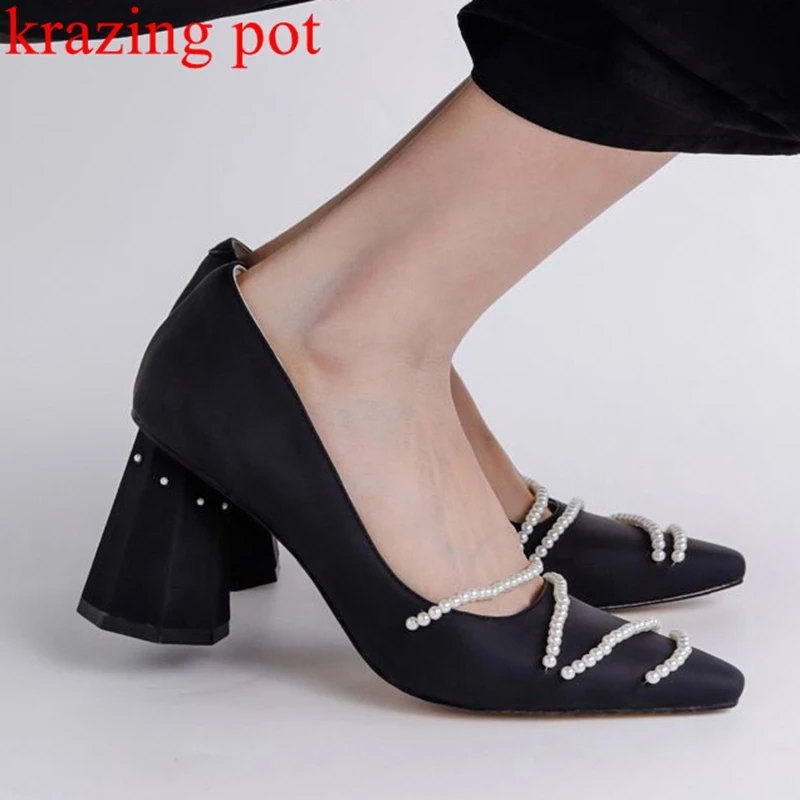 

krazing pot full grain leather pointed toe pearl beading strange style high heels gorgeous daily wear big size 42 women pumps