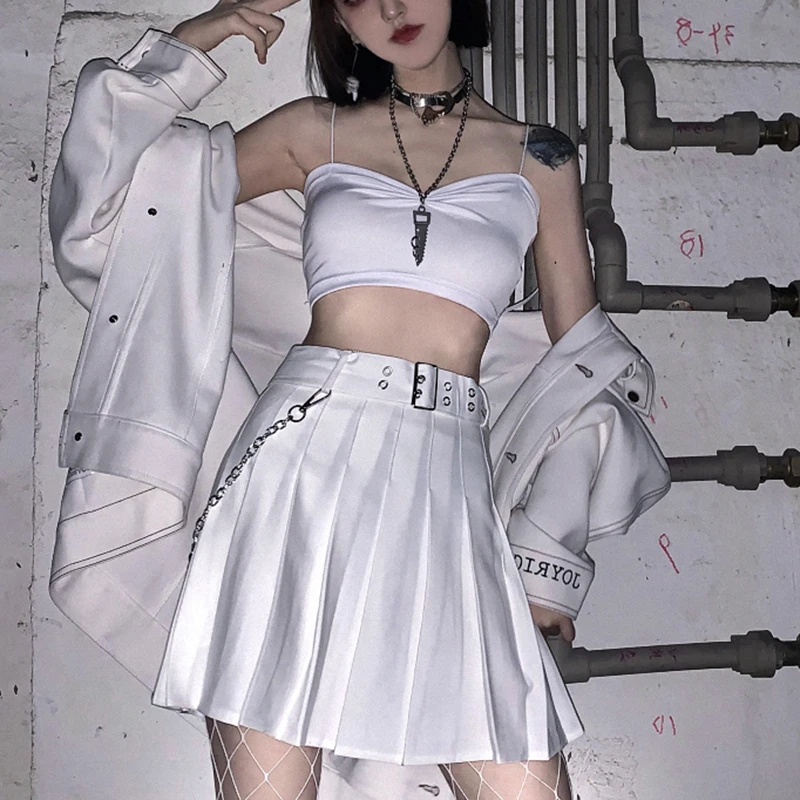 

Gothic Women Skirts Harajuku Kawaii Lolita Street Japanese Pleated School JK Uniform Skirt with Belt