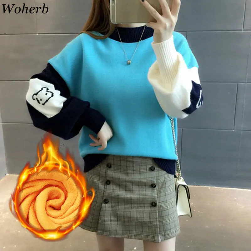 Woherb Harajuku контрастный цвет женский свитер пуловеры Свободные фонари рукав Femme джемпер корейский милый вязаный зимний толстый Одежда