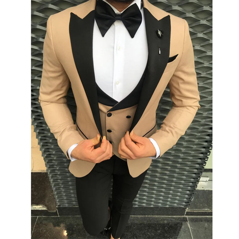 

New Fashion Champagne Groom Tuxedos Slim Fit Groom Suits Tailor Made Groomsmen Prom Party 3 Pieces Suits BlazerCostume Homme