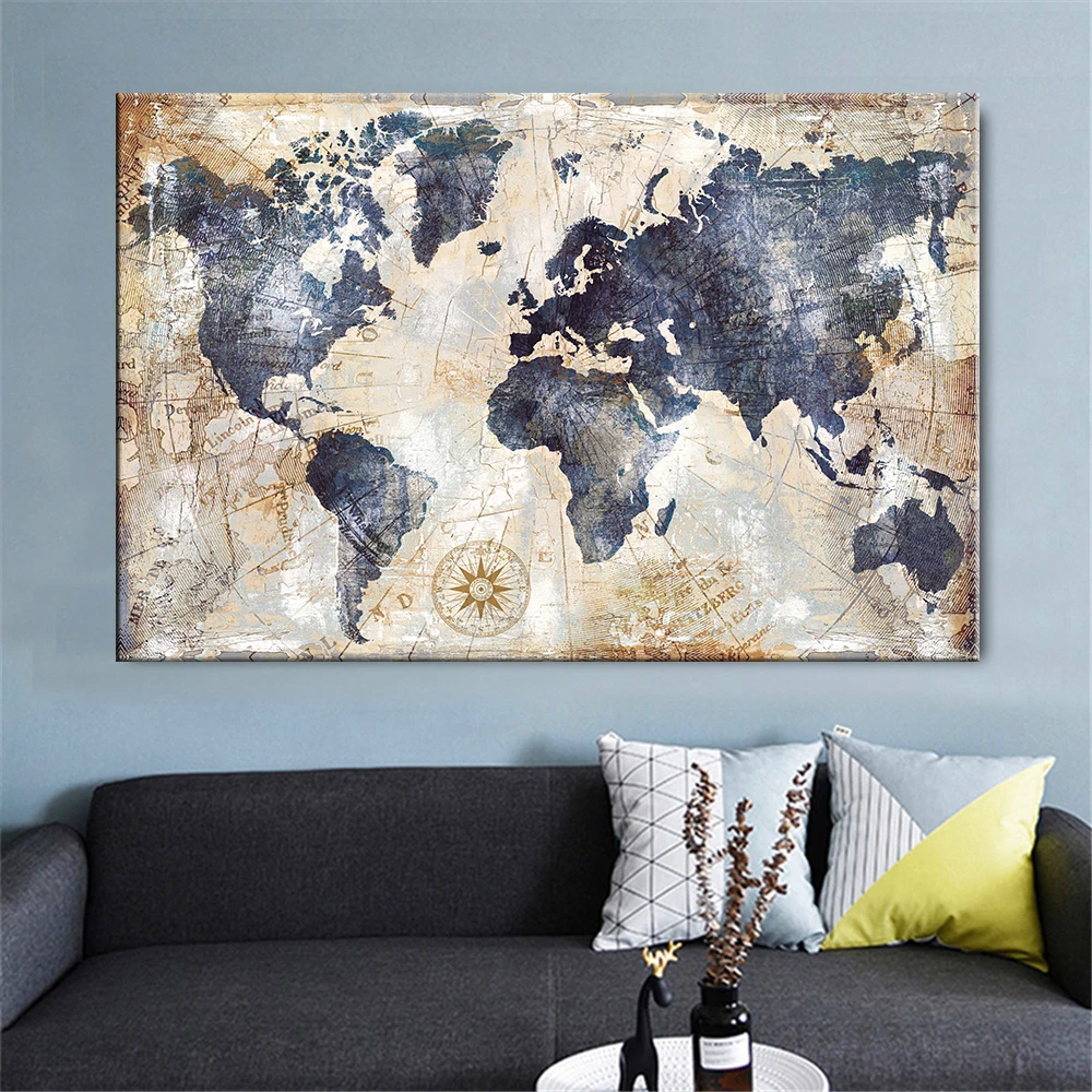 

Vintage World Map Canvas Painting Printing Poster Wall Pictures For Living Room Modern Nordic World Map Pictures Decoration Art