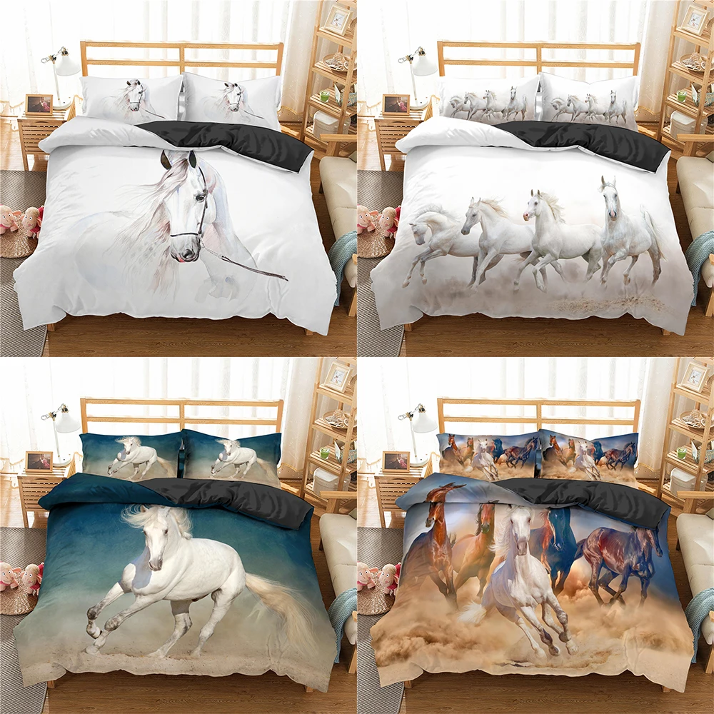 

Комплект постельного белья с рисунком лошади, пододеяльник с 3D рисунком животных, белые чехлы для кровати, полный комплект для двуспальной ...