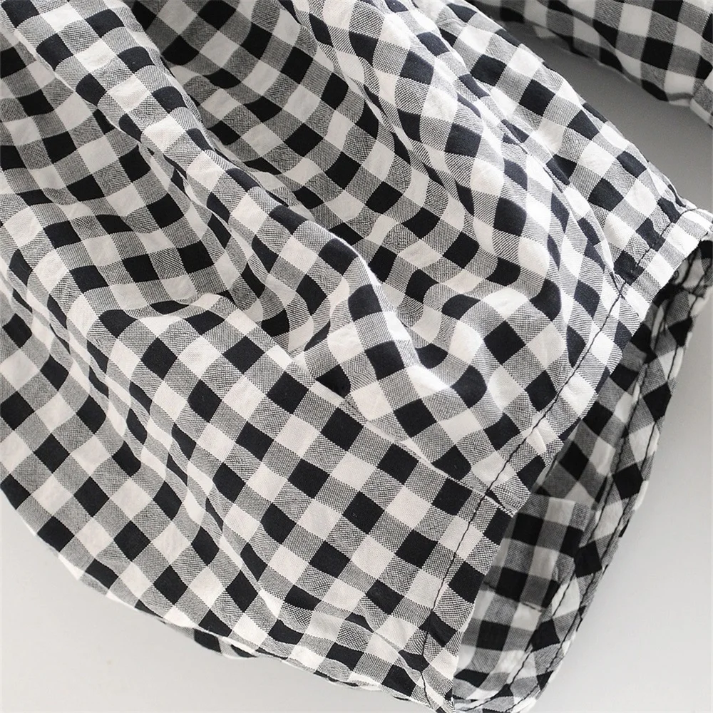 

2020 summer women's new French style temperament retro plaid square collar bubble sleeve waist waist jumpsuit