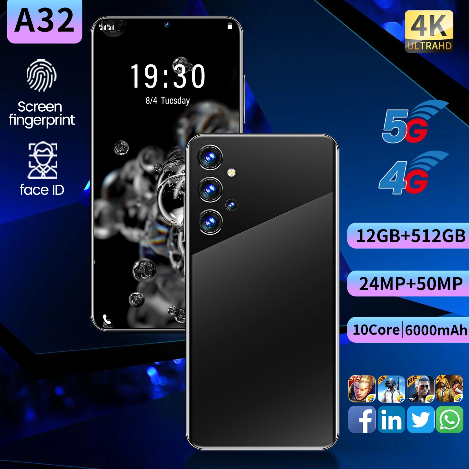 

Global Version Samsun A32 6.7" Smartphones 50MP Dual SIM Rear 3 Camera 12GB+512GB Android10 Phone In Stock