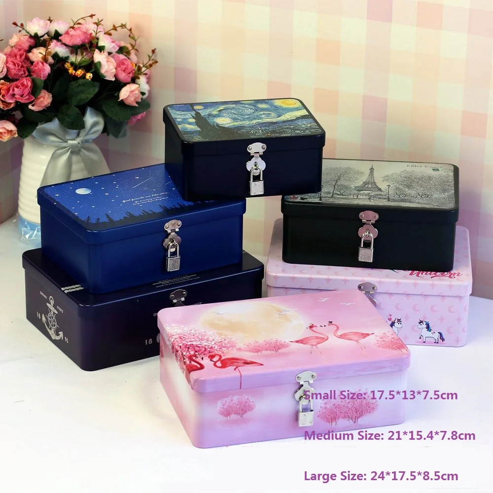 

Large Tin Box With Password Lock Desktop Organizer Jewelry Card Letter Photo Sundries Secret Metal Storage Box for Home Office