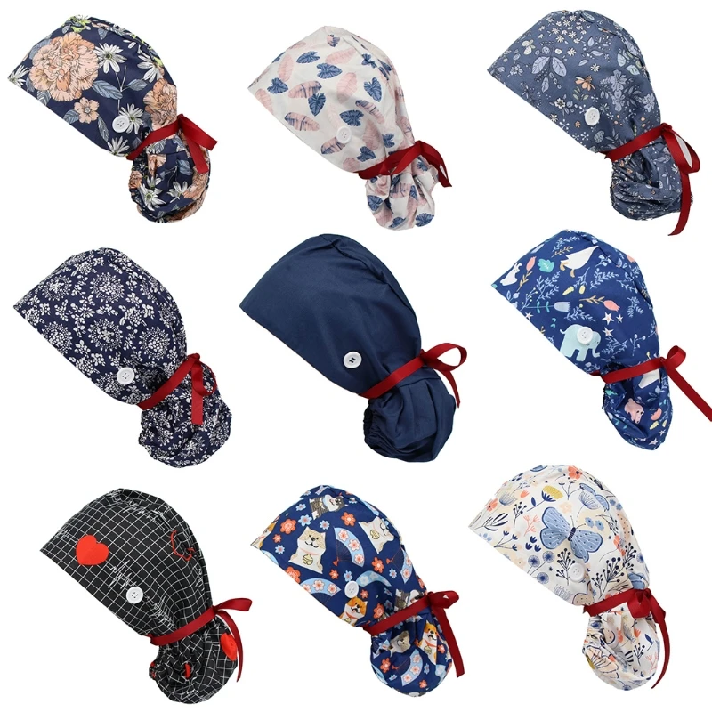 

Women Long Hair Adjustable Working Cap with Sweatband Buttons Cartoon Floral Print Ponytail Holder Tie Back Cotton Bouffant Hat