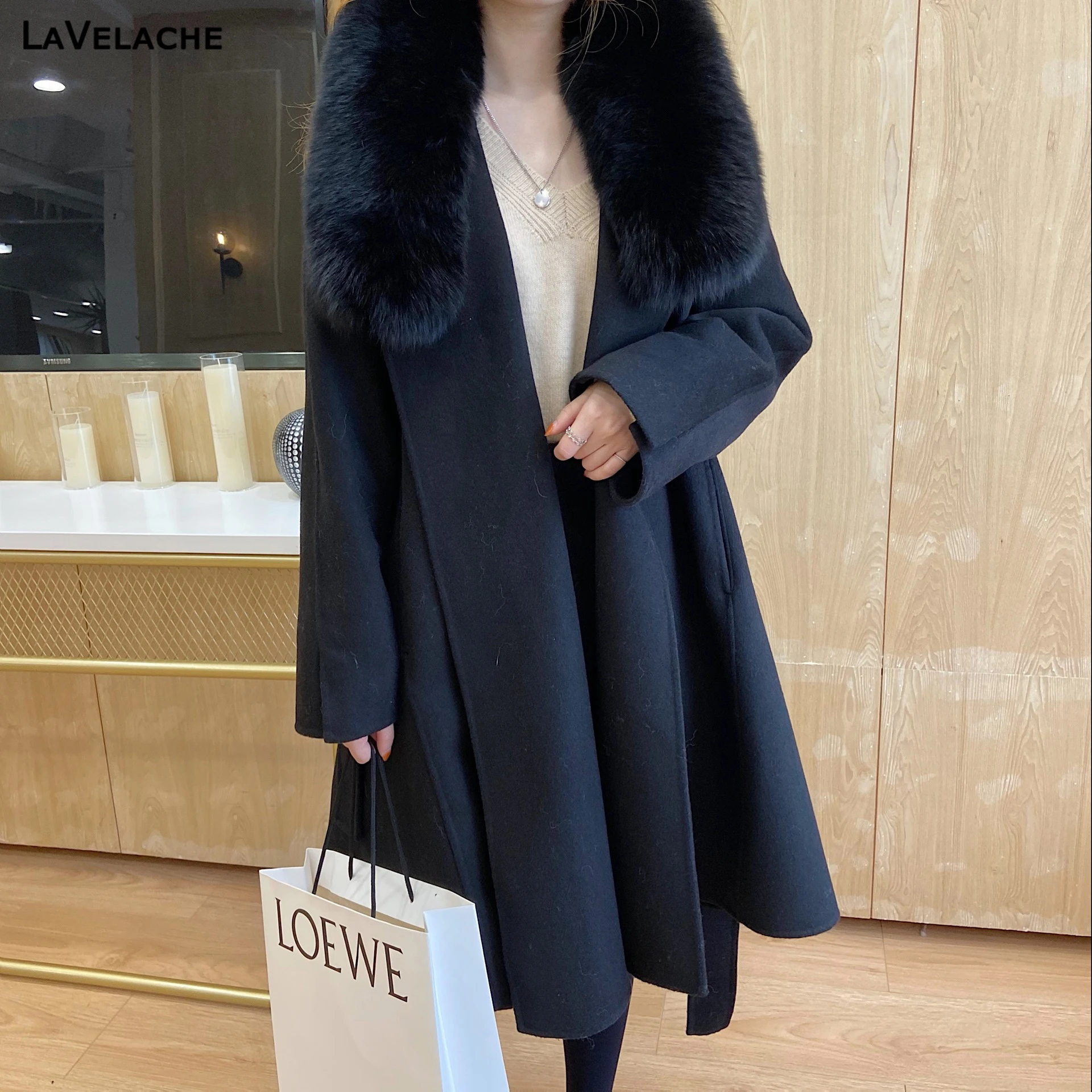 

Lavelache Cashmere Coat Women Wool Blends Long Real Fox Fur Collar Winter Jacket Fashion Luxury Ladies Outerwear Streetwear