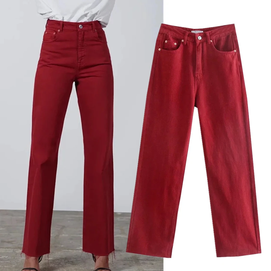 

Withered Retro Mom Jeans Woman High Waist Jeans England Style Fashion Red Color Simple Burrs Straight Wide Leg Jeans For Women