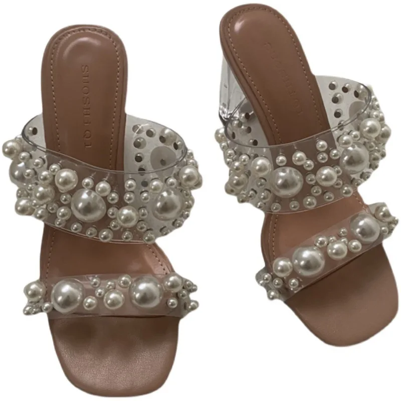 

Shoes Slippers Heels Luxury Slides Slipers Women String Bead High Designer 2021 Transparent PU Fabric Scandals Rubber Hoof