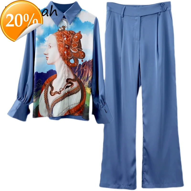 

Spring Women Fashion Runway Pant Set lantern sleeve Lost blouses + High waist solid print Long pants 2 Two piece suits