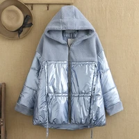 plus size winter womens cotton coat coat hooded plush imitation leather patchwork jacket in the middle of a cotton thickening