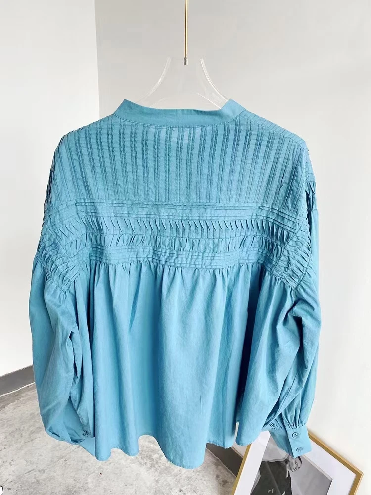 

Women Pleated Blouse Cotton O-Neck Simple Lady Long Sleeve Shirt Single Breated Blouses Female Tops 2021 New Early Autumn