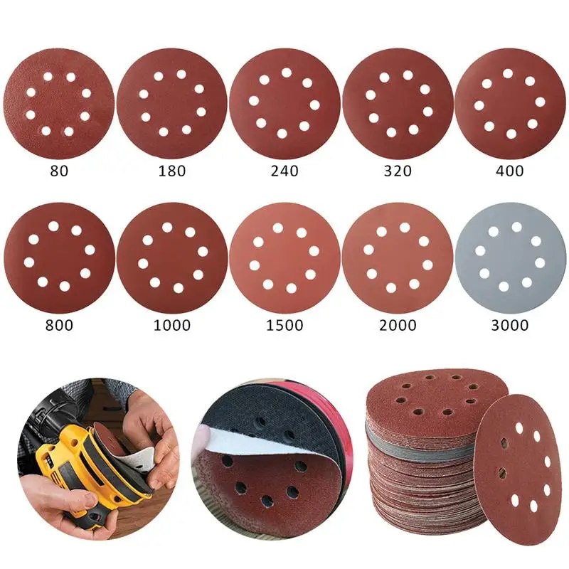 

50/100 Pcs Sandpaper Round Shape 125mm Sanding Discs Hook Loop Sanding Paper Buffing Sheet Sandpaper 8 Hole Polishing Pad