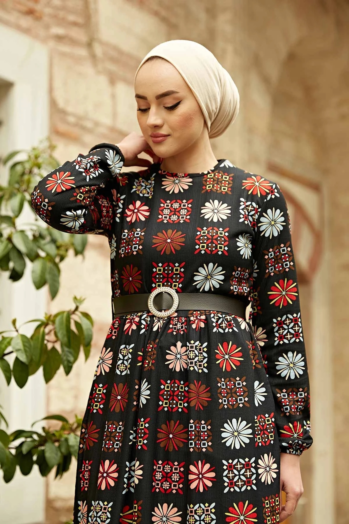 

Leather Belt Patterned Dress Ramadan Eid Abaya Dubai Turkey Muslim Fashion Hijab Islam Clothing African Dresses For Women Robe