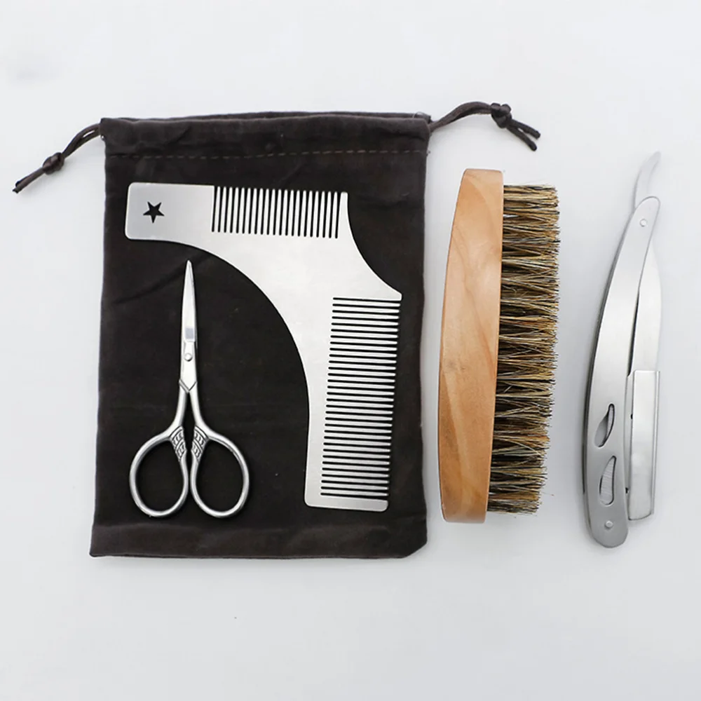 

4pcs Beard Trimming Set Stainless Steel Scissors Razor Mustache Steel Comb and Brush Grooming Kit (with Cloth Bag)