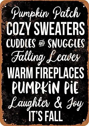 

Pumpkin Patch Cozy Sweaters Falling Leaves Black Vintage Metal Sign