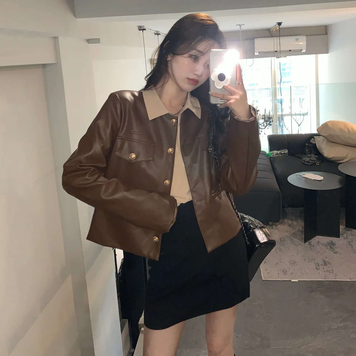 

Женская короткая куртка из ПУ кожи, с длинным рукавом