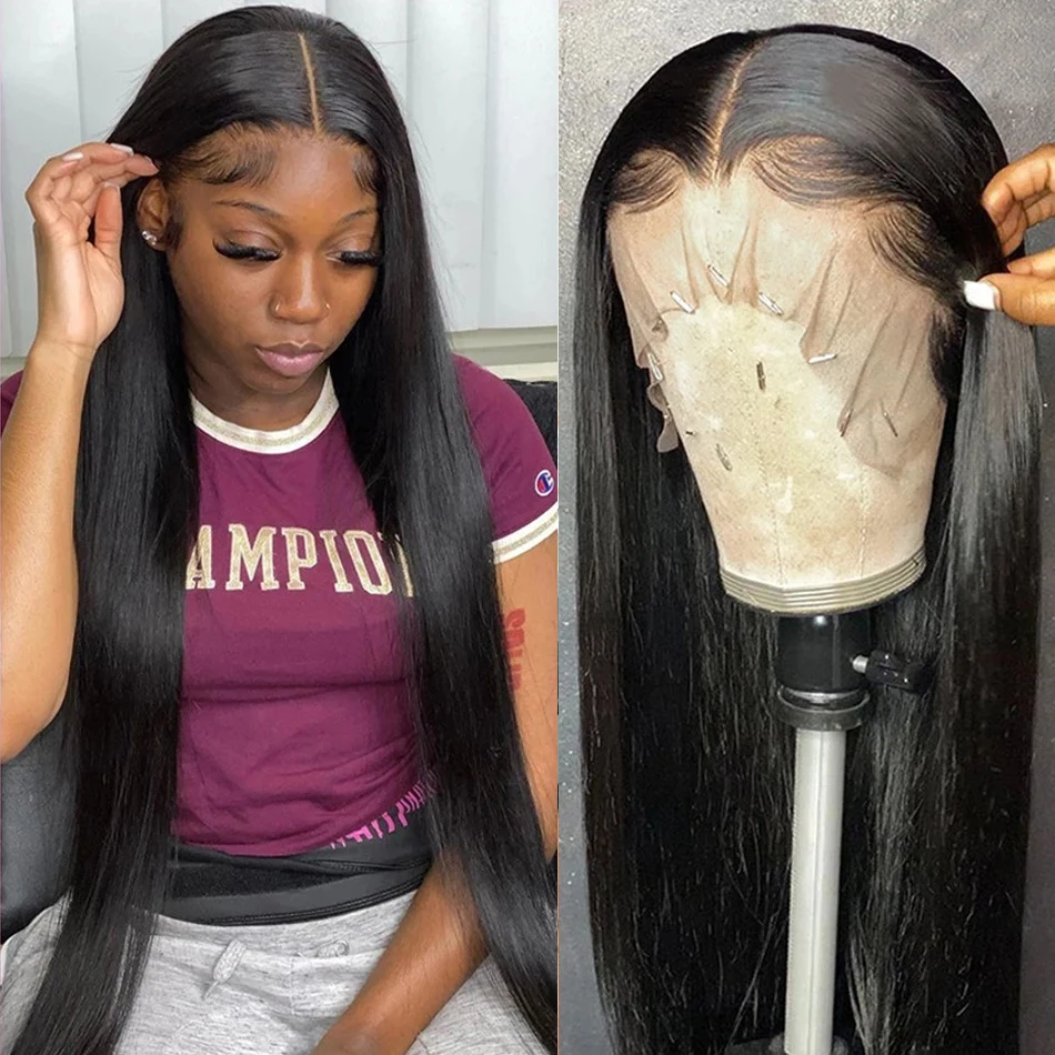 T Part Lace Wigs For Women Human Hair Color #1B Brazilian Straight Human Hair Wig 13x1 Pre Plucked Bleached Knots Wigs 150% Remy
