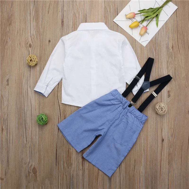 2-7Y Toddler Kid Baby Boy Gentleman Formal Suits Long Sleeve Tops Shirt Overall Bib Pants Bow Tie Clothes Outfits 2Pcs Set |