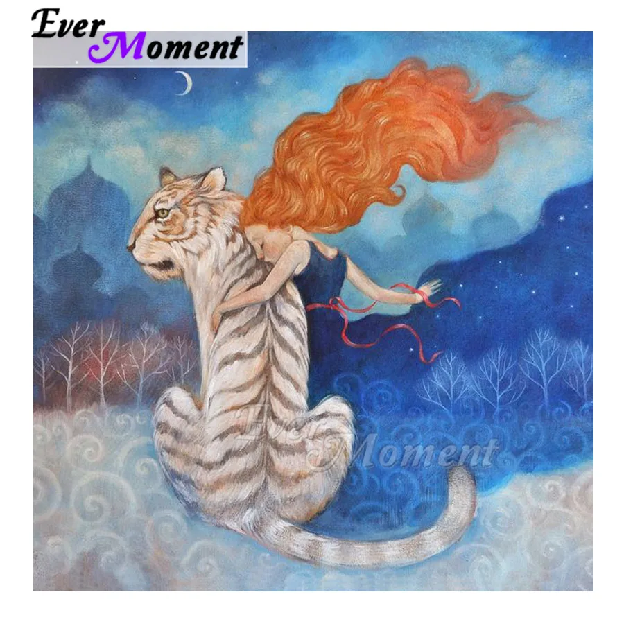 

Ever Moment Diamond Painting Picture Of Rhinestone White Tiger Red Hair Girl Full Square Drill Decor Diamond Embroidery ASF1837