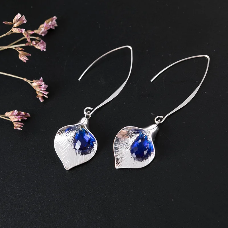 

Fashion Creative Orchid Bud Blue Crystal Long Women Earrings Wedding Anniversary Earring Prom Party Gifts Jewelry