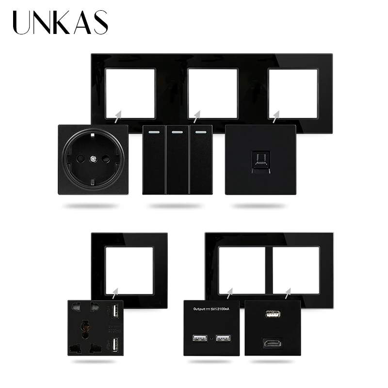 unkas black glass panel modules diy combination free matching french eu socket dual usb tv rj12 telephone rj45 computer outlet free global shipping