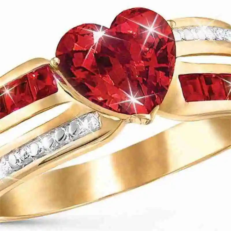 Женское кольцо в форме сердца розовое золото красный рубин Золотое циркониевое с
