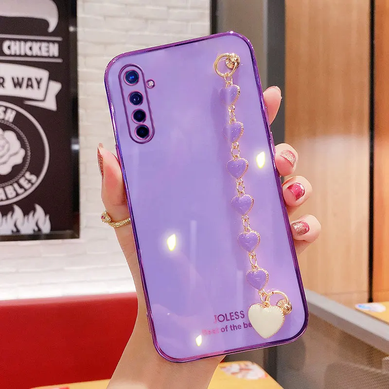 wrist chain love heart phone case for oppo realme xt luxury camera protective cover realme x2 x3 superzoom 7 6 pro silicone case free global shipping
