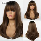 Парик Jonrenau для чернокожих женщин, Синтетические афро длинные прямые волосы с эффектом омбре, черный коричневый пепепельный блонд, с челкой, косплей многослойный парик