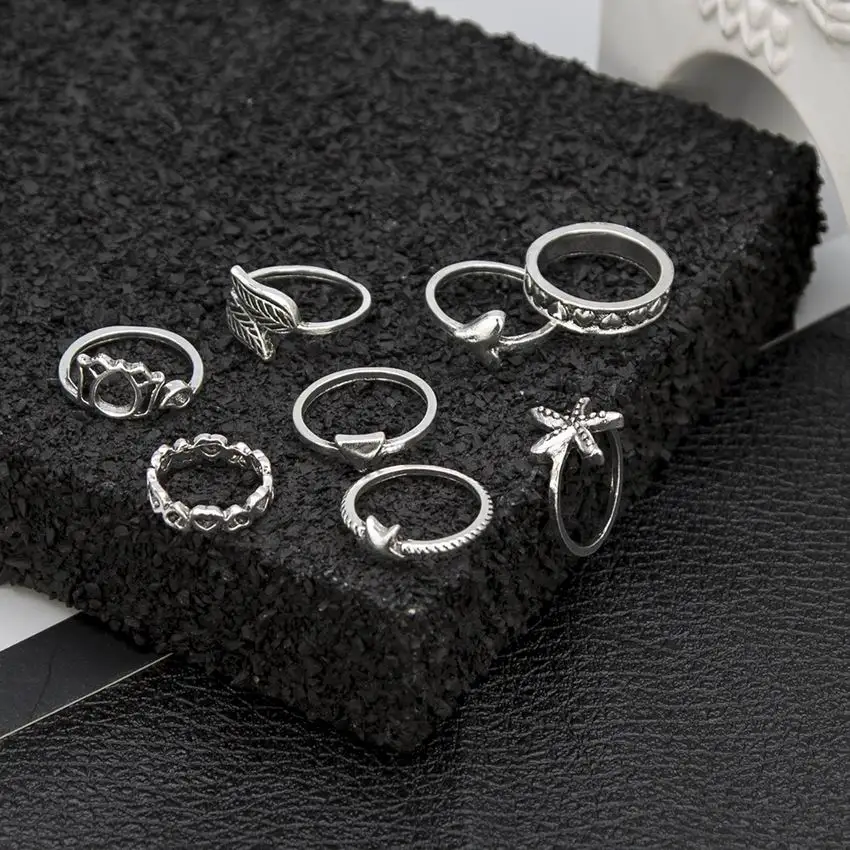 

Boho Antique Silver Color Rings for Women Geometric Punk Heart Flowers Charm Knuckle Rings Fashion Lady Jewelry Anillos Bijoux