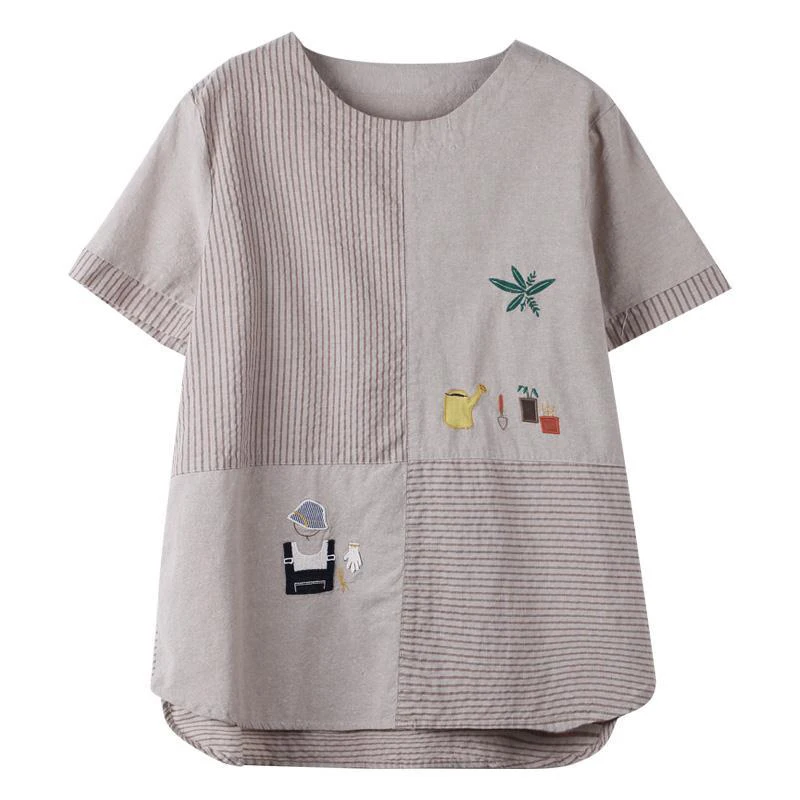 

Summer Fashion Women Long Sleeve O-neck Tshirt Patchwork Stripe Loose Casual Tee Shirt Femme Cotton Linen Tops Plus Size D498