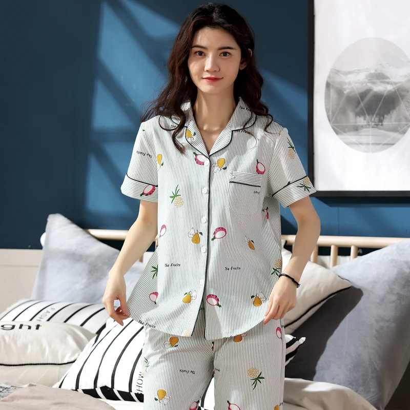 Женский хлопковый пижамный комплект разноцветная рубашка с принтом тропических