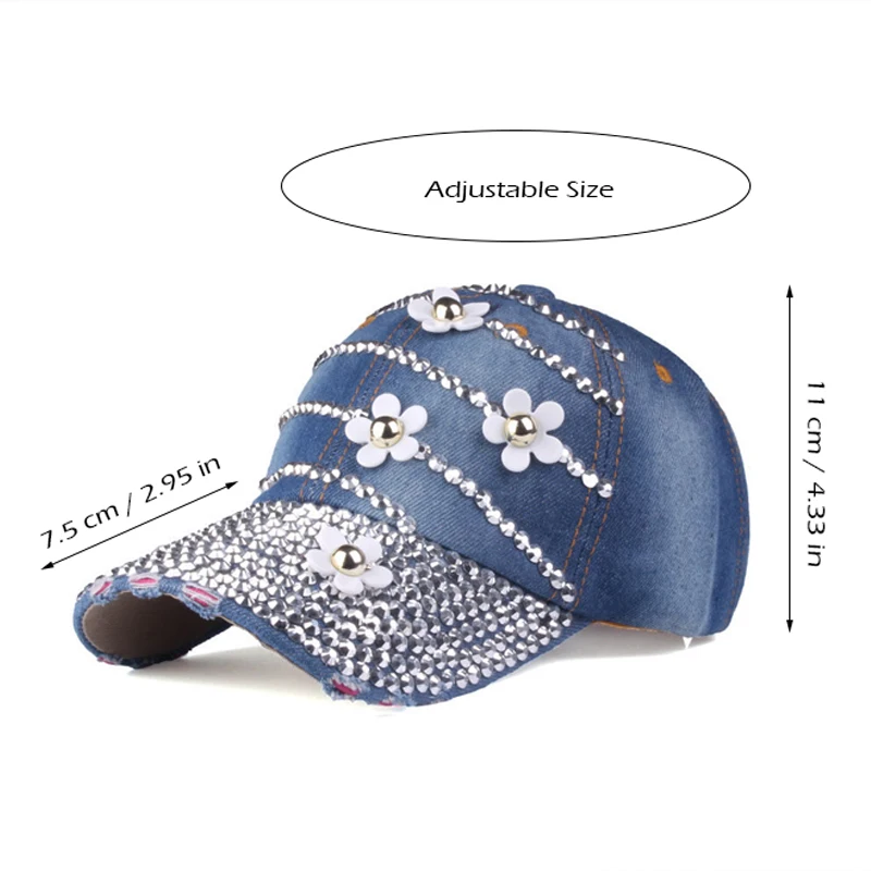 2021 New Rhinestone Baseball Cap with Flowers Women Adjustable Sun Hat Denim Hip Hop Cap Bone Dropshipping 8 Colors