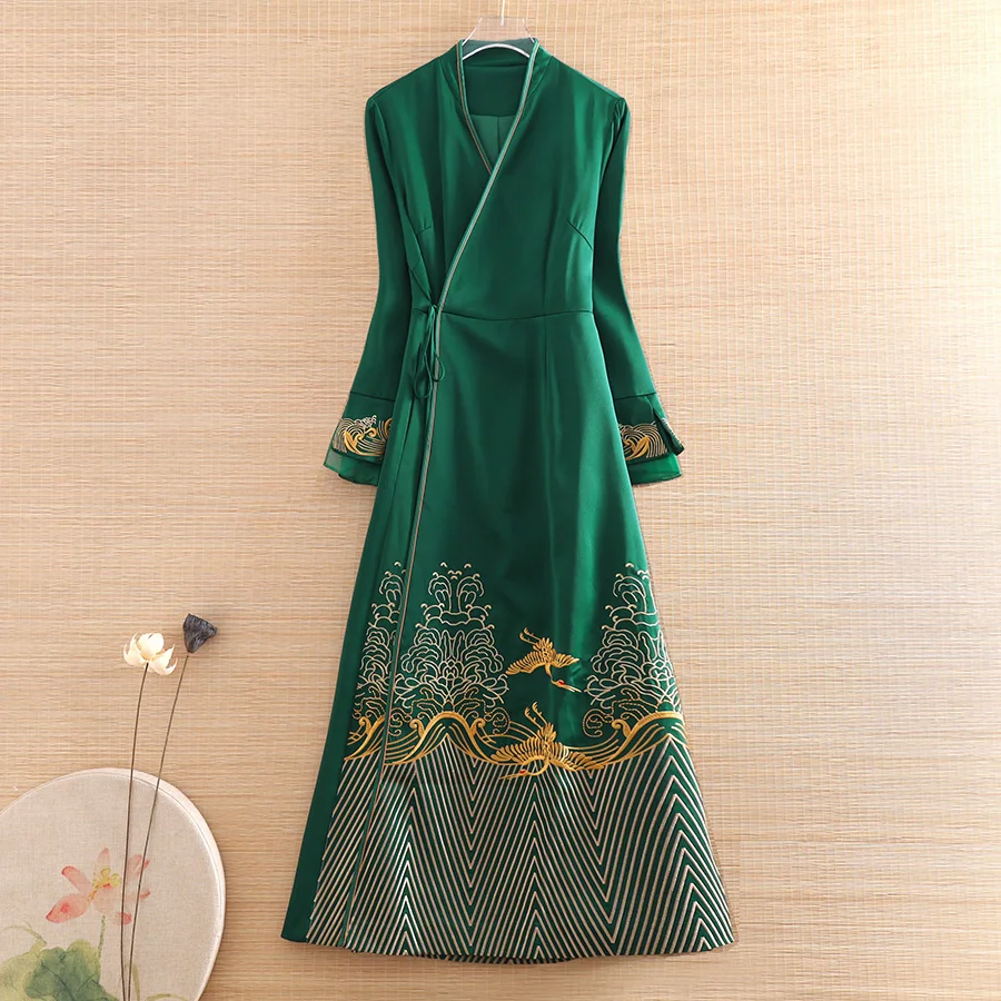 Autumn Winter Chinese Style Hanfu For Women Elegant Embroidery Crane Lady Belt Christmas Dress Female S-XXL