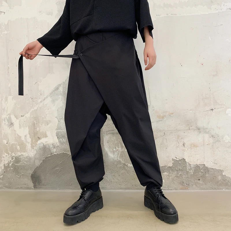 

Мужские брюки-шаровары в стиле хип-хоп, панк, готика, японский стиль, Свободные повседневные черные брюки с перекрещенными лентами