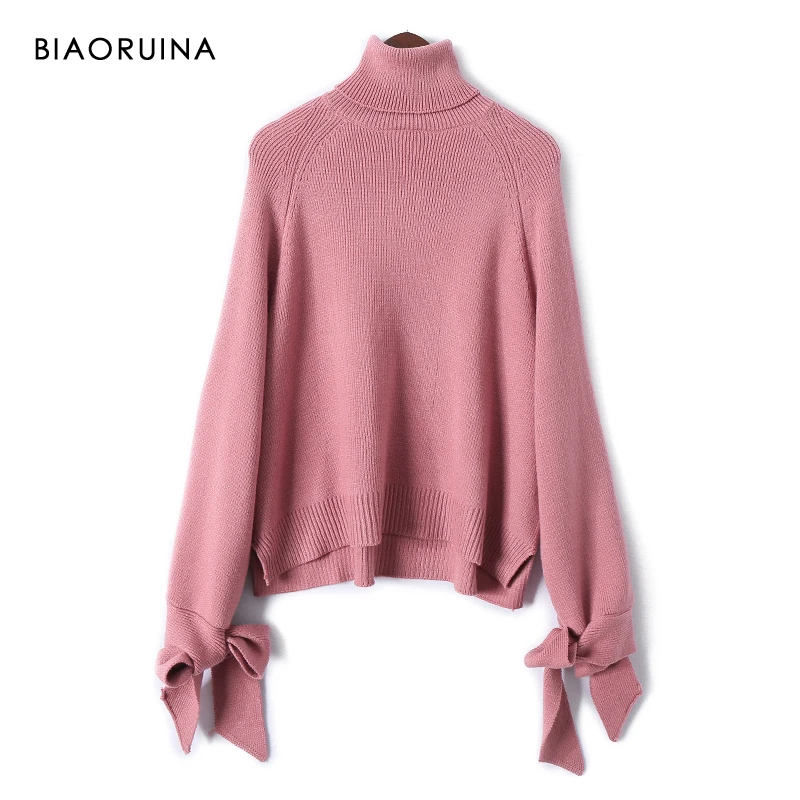 BIAORUINA женский корейский стиль однотонный свободный водолазка свитер с бантом