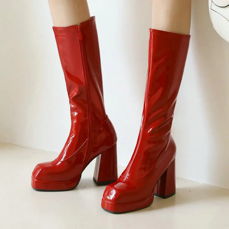 

Sianie Tianie 2021 New Patent PU Leather Red White Black Platform Block High Heels Knee High Women Stretch Boots Big Size 47 48